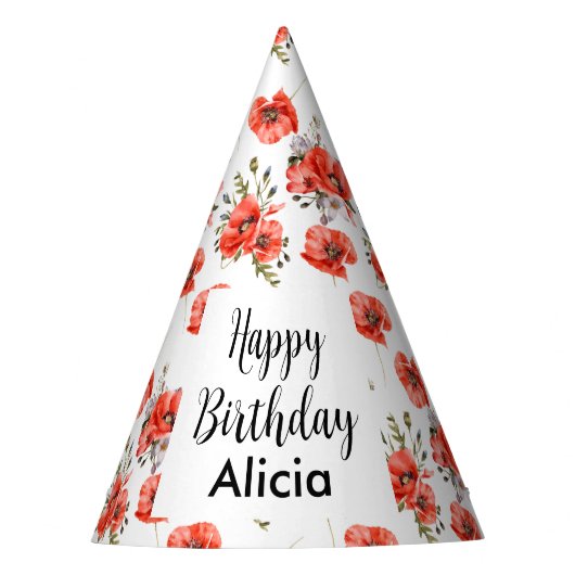 水彩赤ポピー緑50誕生日 パーティーハット (正面)