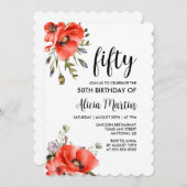 水彩赤ポピー緑50誕生日 招待状 (正面/裏面)