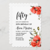 水彩赤ポピー緑50誕生日 招待状 (正面/裏面)