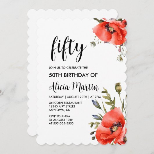水彩赤ポピー緑50誕生日 招待状 (正面/裏面)