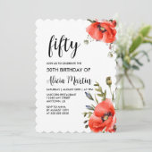 水彩赤ポピー緑50誕生日 招待状 (スタンド正面)