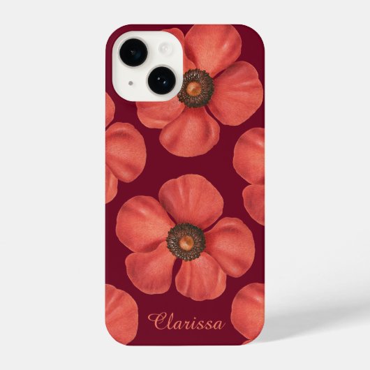 水彩赤ポピーAnemone花モノグラム名 iPhoneケース (裏面)