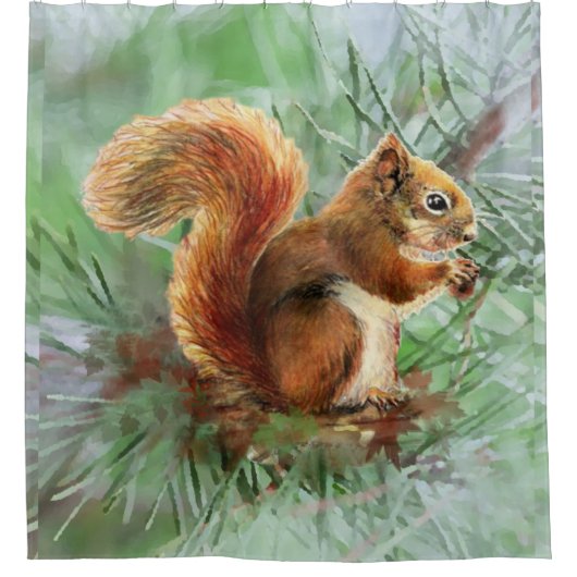 水彩赤リスの木の動物自然アート シャワーカーテン (正面)
