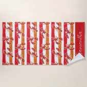 水彩赤ロブスターオレンジストライプ色パーソナライズされた ビーチタオル (正面)