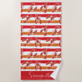 水彩赤ロブスターオレンジストライプ色パーソナライズされた ビーチタオル (正面)