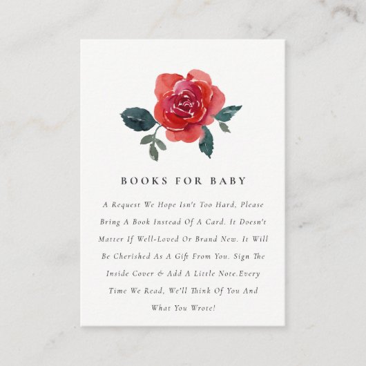 水彩赤ローズフローラブックリクエスト赤ちゃんシャワー エンクロージャーカード (正面)