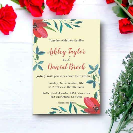 水彩赤ワイルドフラワーグリーン結婚フローラ 招待状