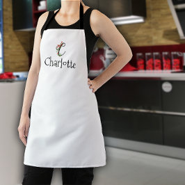 水彩赤ワイルドフラワーモノグラム エプロン