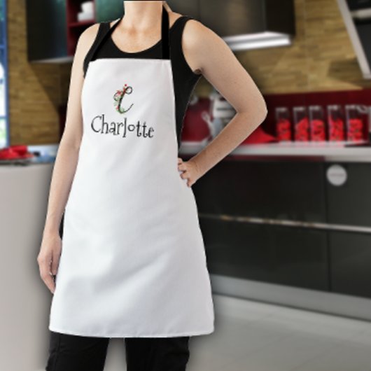 水彩赤ワイルドフラワーモノグラム エプロン