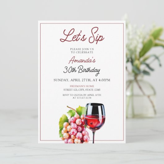 水彩赤ワイン葡萄30歳の誕生日 招待状 (スタンド正面)