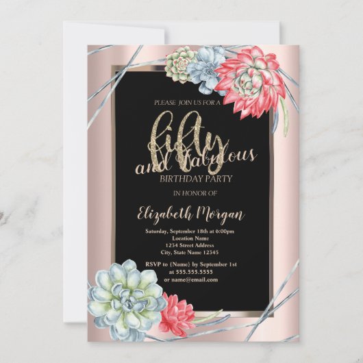 水彩赤多肉類バラ金ゴールド50誕生日 招待状 (正面)