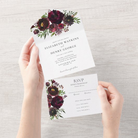 水彩赤植物花結婚の オールインワン招待状 (貼ってはがせる)