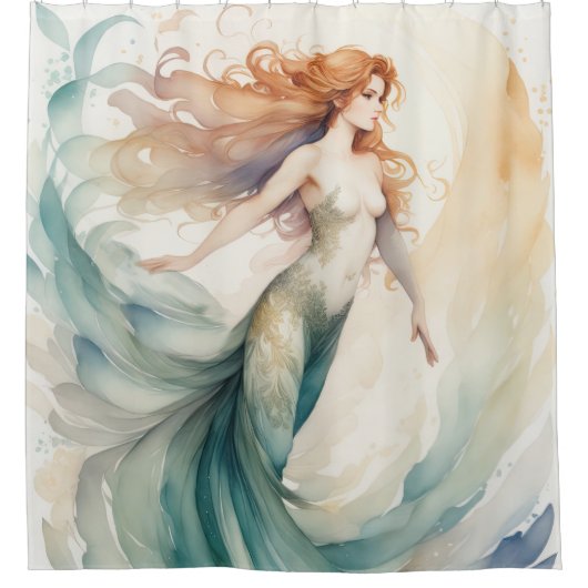 水彩赤毛絵画人魚 シャワーカーテン (正面)