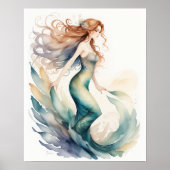 水彩赤毛絵画人魚 ポスター (正面)