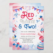 水彩赤白と二、7月4日誕生日 招待状 (正面/裏面)