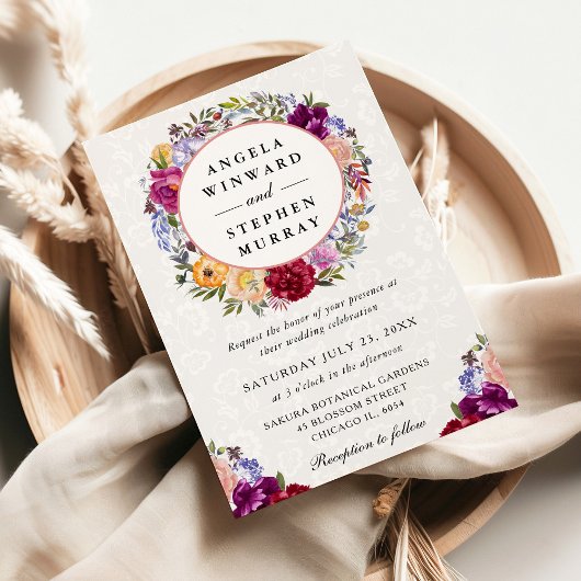 水彩赤紫リース結婚ズ 招待状