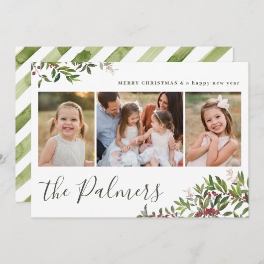 水彩赤緑のクリスマスブランチコラージュ シーズンカード (正面/裏面)