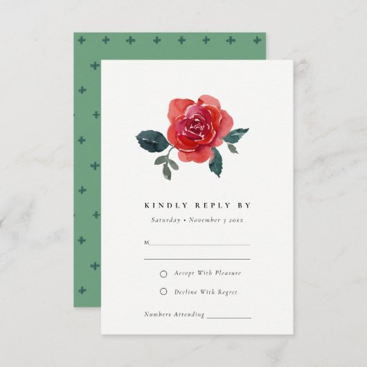 水彩赤緑バラフローラ結婚式RSVP エンクロージャーカード (正面/裏面)