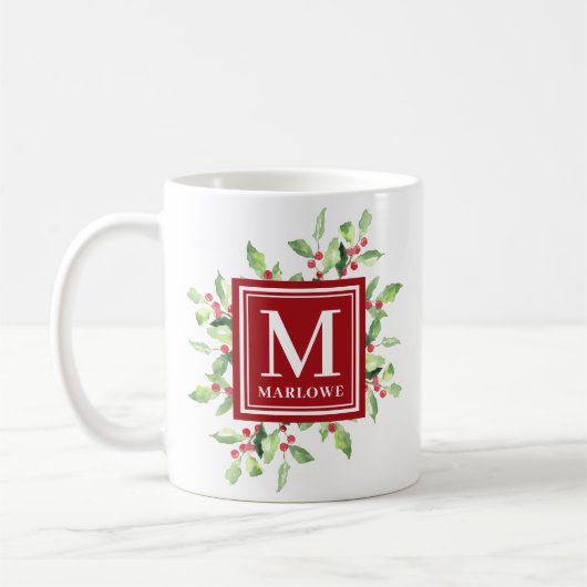 水彩赤緑モノグラムクリスマスマグ コーヒーマグカップ (左)