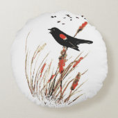 水彩赤羽ブラックバードアート自然 ラウンドクッション (裏面)