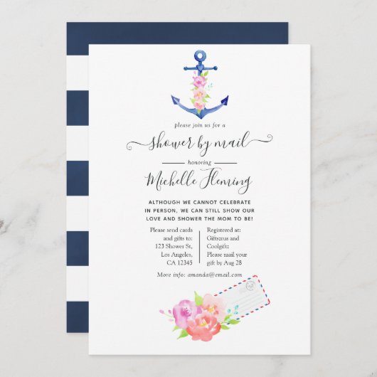 水彩赤航海のちゃんシャワー（郵便） 招待状 (正面/裏面)