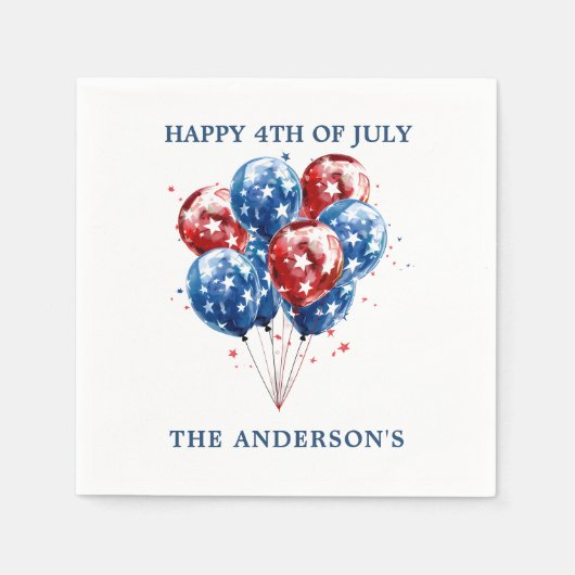 水彩赤青風船米国国旗7月4日 スタンダードカクテルナプキン (正面)