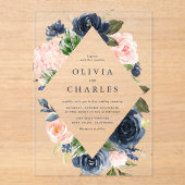 水彩赤面とネイビーフローラフレ結婚ーム アクリル招待状 (正面)