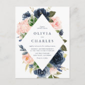 水彩赤面とネイビーフローラフレ結婚ーム インビテーションポストカード (正面)