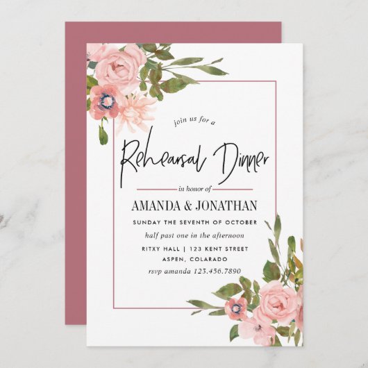 水彩赤面とバラ金ゴールドリハーサルディナー 招待状 (正面/裏面)