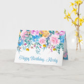 水彩赤面とブルーサマーフラワーズ誕生日 カード (黄色い花)