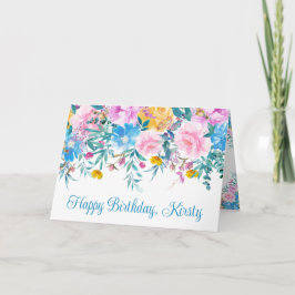 水彩赤面とブルーサマーフラワーズ誕生日 カード