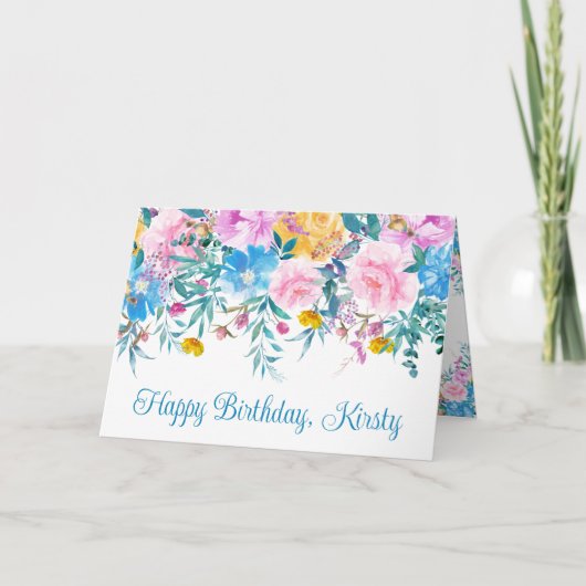 水彩赤面とブルーサマーフラワーズ誕生日 カード (正面)