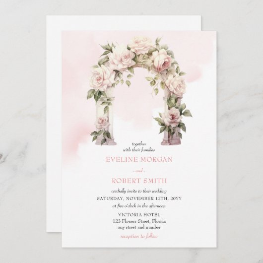 水彩赤面と白結婚バラのアーチ 招待状 (正面/裏面)