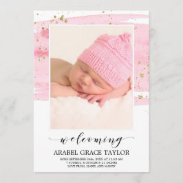 水彩赤面と金ゴールド写真誕生のお知らせ 案内状