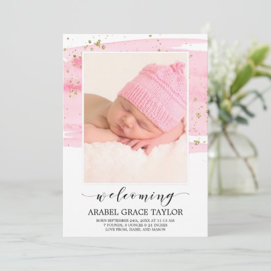 水彩赤面と金ゴールド写真誕生のお知らせ 案内状 (スタンド正面)