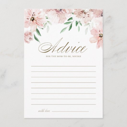 水彩赤面ほこりっぽいピンクの花ベビーシャワー アドバイスカード (正面)