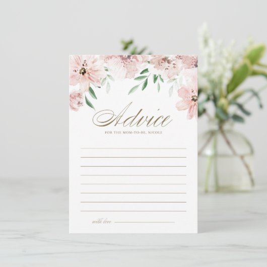 水彩赤面ほこりっぽいピンクの花ベビーシャワー アドバイスカード (スタンド正面)