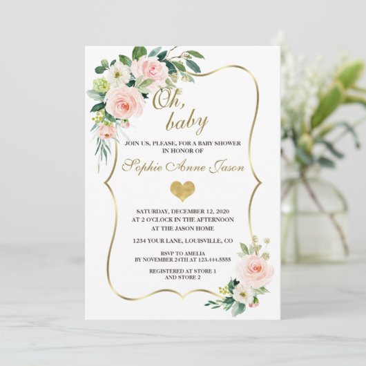 水彩赤面アイボリー花金ゴールド赤ちゃんシャワー 招待状 (スタンド正面)