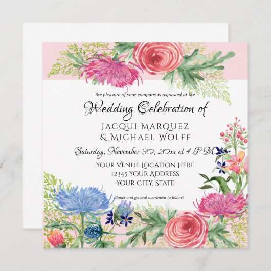 水彩赤面エレガントピンクフローラnシダ葉 招待状 (正面/裏面)