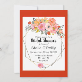 水彩赤面オレンジ色イエローフローラ金ゴールドフレーム 招待状