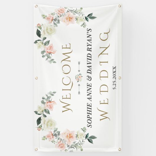 水彩赤面クリームフローラ結婚のウェルカムサイン 横断幕 (縦)