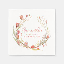 水彩赤面コーラルチューリップバースデーパーティー スタンダードカクテルナプキン