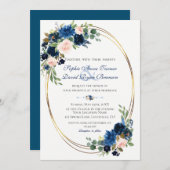 水彩赤面ネイビーブルーフローラ開花結婚ズ 招待状 (正面/裏面)