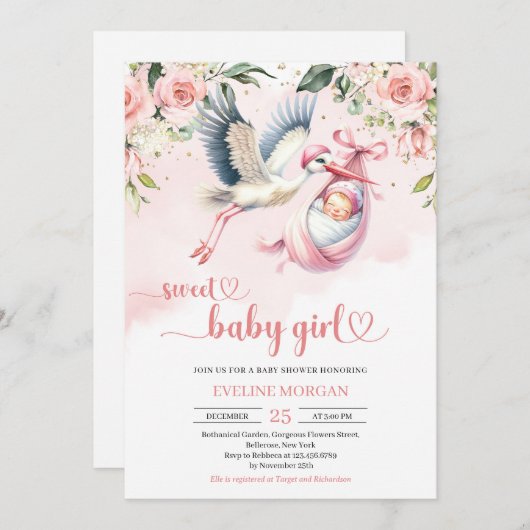 水彩赤面バラかわいいコウノトリ赤ちゃん女の子 招待状 (正面/裏面)