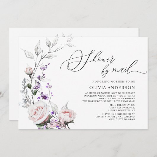 水彩赤面バラバーチャルベビーシャワーbyメール 招待状 (正面/裏面)