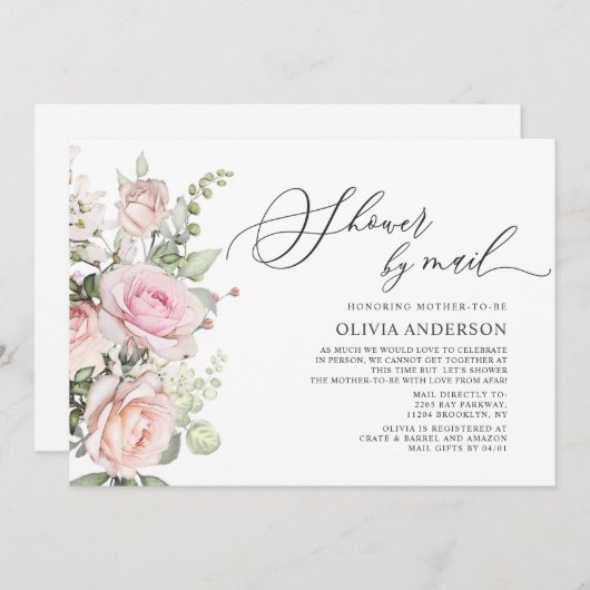 水彩赤面バラバーチャルベビーシャワーbyメール 招待状 (正面/裏面)
