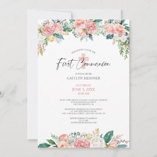 水彩赤面バラフローラクロスファースト聖餐式 招待状 (正面)