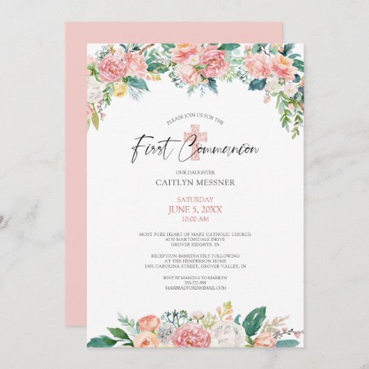 水彩赤面バラフローラクロスファースト聖餐式 招待状 (正面/裏面)
