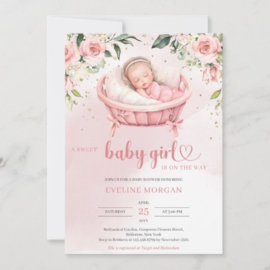 水彩赤面バラユーカリ眠ベビー 招待状 (正面)