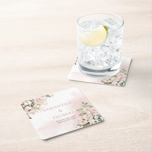 水彩赤面バラユーカリ金ゴールド結婚ズ スクエアペーパーコースター (インサイチュ)